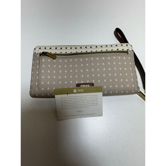 Fossil Clutch Wristlet Wallet Taupe Tan Multi Heart Patterned Canvas Zip Around - Picture 6 of 10